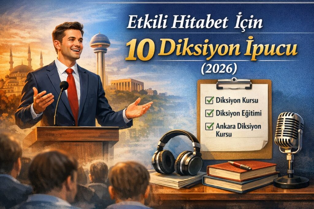 Etkili hitabet için diksiyon ipuçları anlatan konuşmacı ve Ankara diksiyon kursu temalı görsel