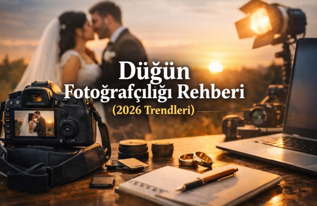 Düğün fotoğrafçılığı rehberi 2026 trendleri için altın saat çekimi yapan gelin damat ve profesyonel kamera ekipmanları