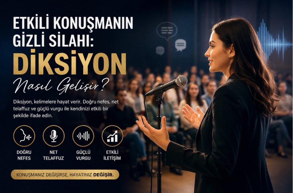 Ankara diksiyon kursu ile etkili konuşma eğitimi alan kişi sahnede konuşma yapıyor