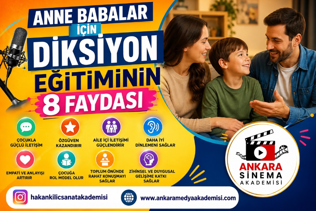 Ankara diksiyon kursu eğitimi alan anne babaların çocuklarıyla güçlü iletişim kurmasını anlatan renkli tanıtım görseli.